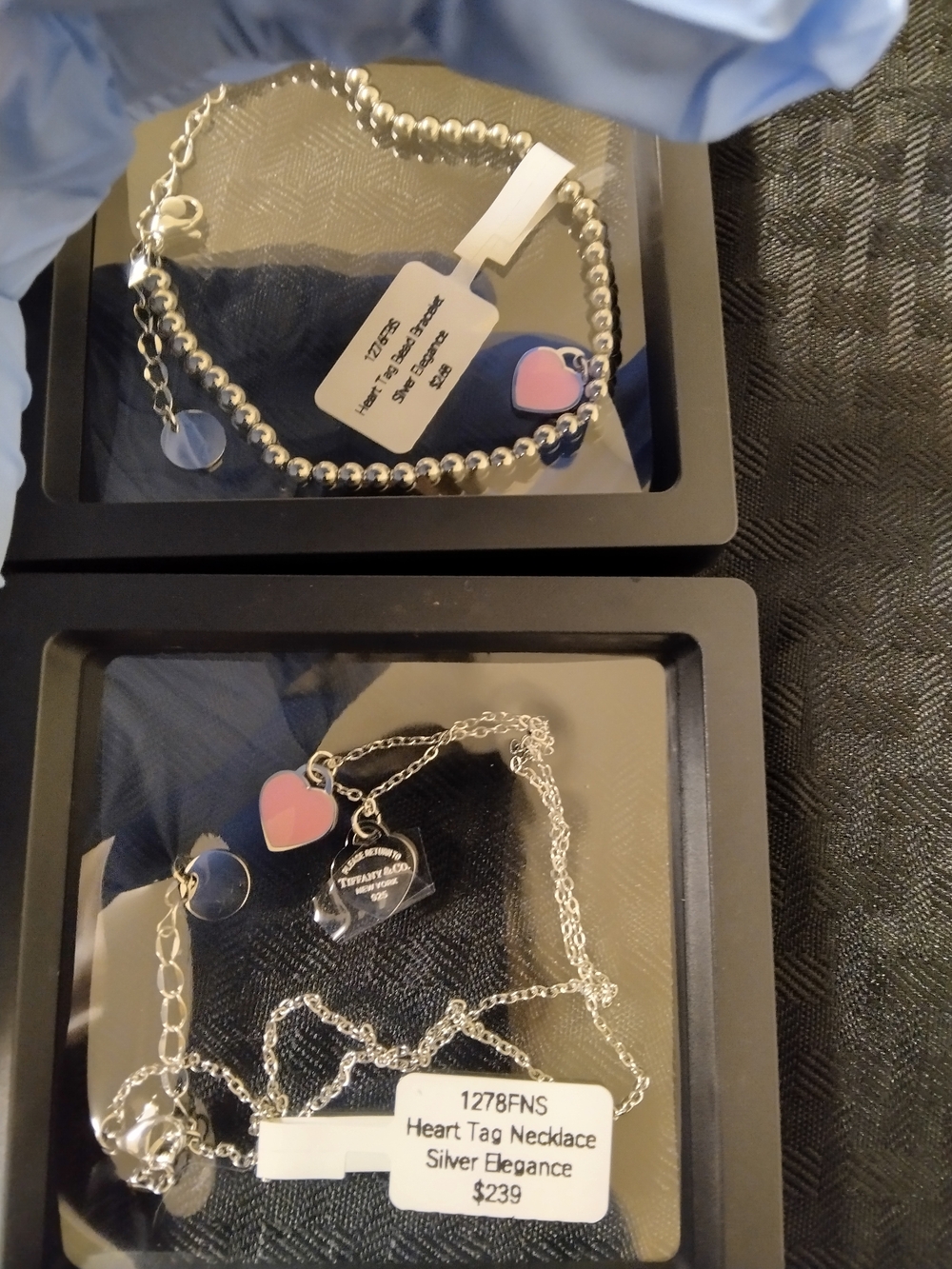 Heart Tag Necklace with Pink Enamel Hearts - Silver Tone